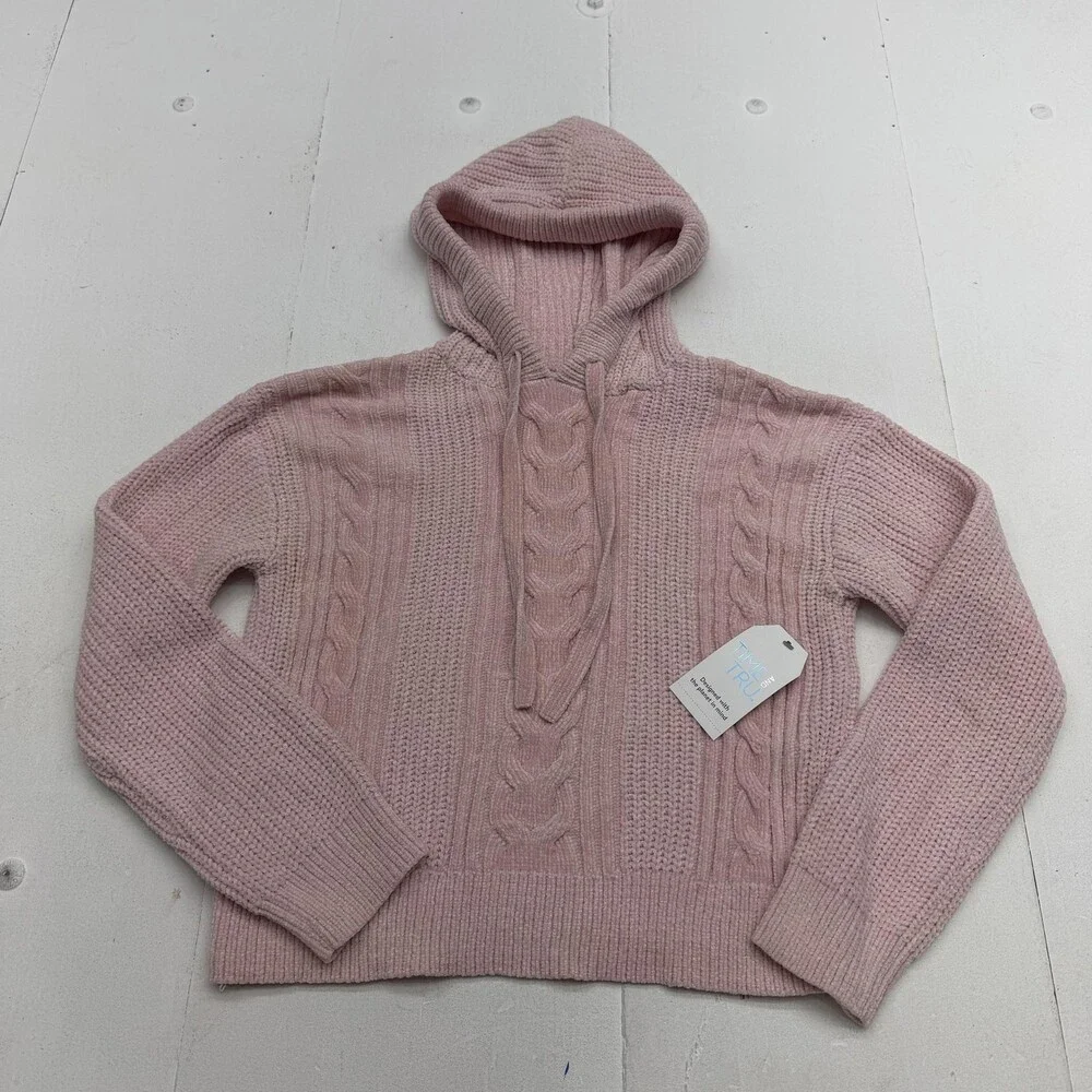 Time And Tru Sweater Hoodie Womens S Pink V Neck Cable Knit Winter Pullover